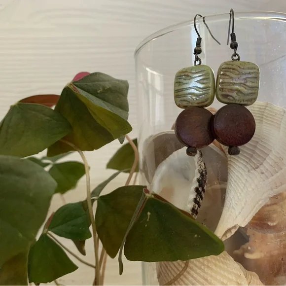 Earthy Drop Earrings Nature Inspired green Glass and Wood Beads Antiqued Style - Picture 10 of 10